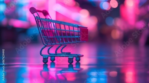 Vibrant Shopping Cart in Neon Lit Environment with Bokeh Effect