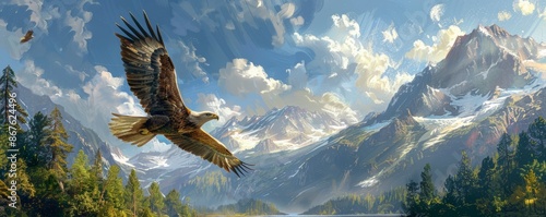 A majestic eagle soaring through the sky, its wings outstretched as it surveys the landscape below.