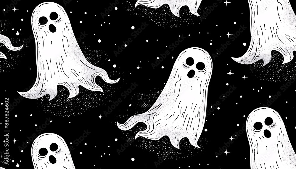 Seamless Pattern of Cute Ghosts on Black Background with Stars for Halloween Seamless Pattern of Cute Ghosts on Black Background with Stars for Halloween