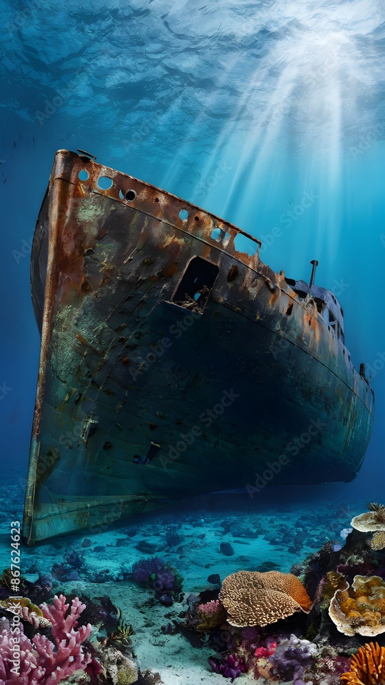 Submerged Shipwreck Rusted ship in clear blue tropical waters, vibrant marine life Vertical Mobile Wallpaper Submerged Shipwreck Rusted ship in clear blue tropical waters, vibrant marine life Vertical Mobile Wallpaper