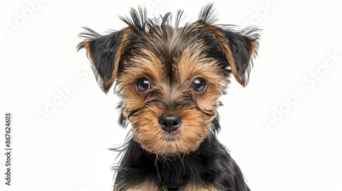 Yorkshire Terrier pup gazing curiously at the camera, set against a neutral white backdrop © chanidapa