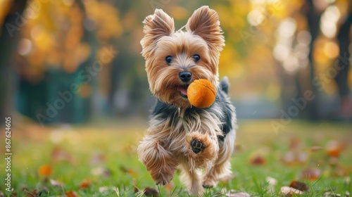 Yorkshire Terrier dog with a ball in its mouth, running energetically in a city park setting