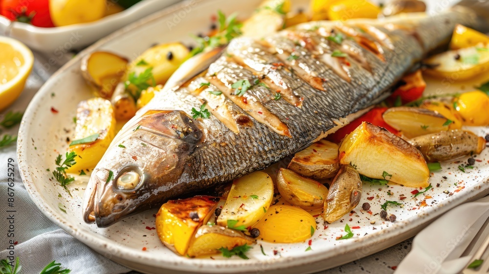 Cook sea bass with vegetables and potatoes in a meuniere sauce Cook sea bass with vegetables and potatoes in a meuniere sauce