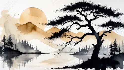 Serene Lake with Solitary Tree