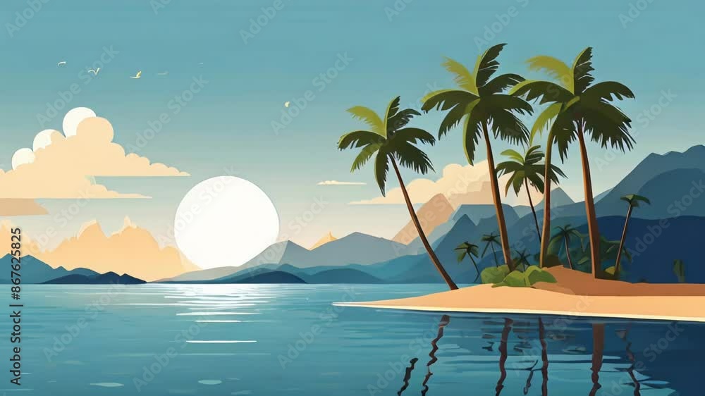 Animation minimalistic tropical island flat illustration with palm trees on water, large empty space for text, ideal for travel, tourism, and beach vacation promotions, copyspace Animation minimalistic tropical island flat illustration with palm trees on water, large empty space for text, ideal for travel, tourism, and beach vacation promotions, copyspace