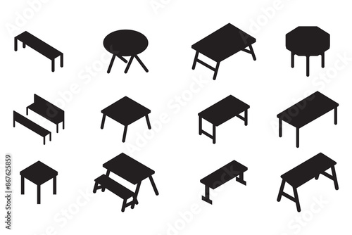 Desk table silhouette set vector design big pack, able picnic icons set isometric vector. Empty garden park. Furniture creation