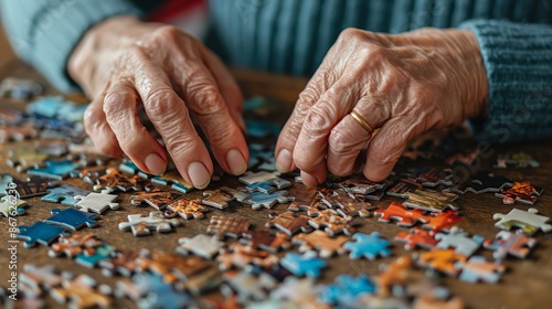 Elderly Hands Assembling Puzzle Pieces on Wooden Table