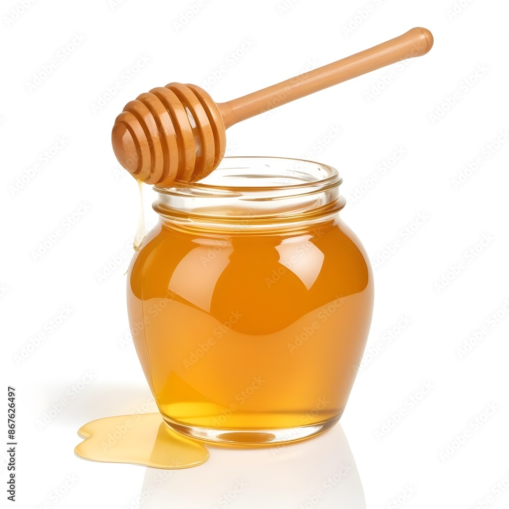 A glass jar filled with golden honey isolated on white A glass jar filled with golden honey isolated on white