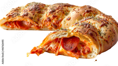  A pepperoni stromboli, with its golden crust and bubbling cheese, cut in half to reveal the delicious filling on a transparent background 