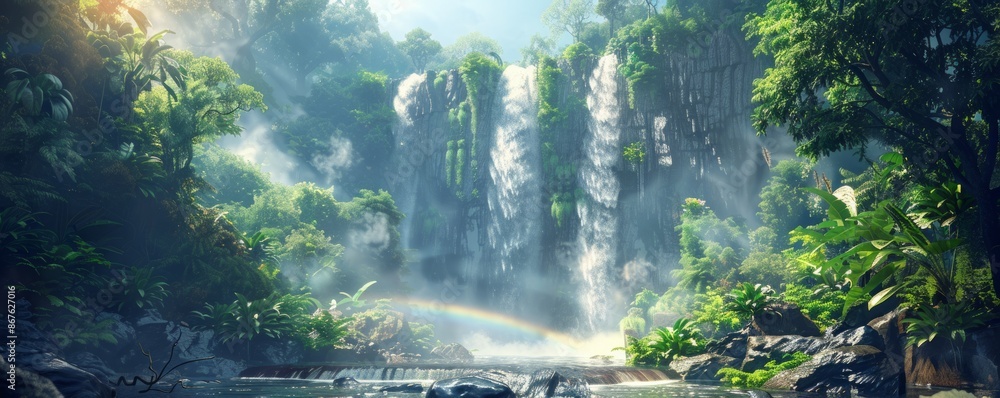 A cascading waterfall surrounded by lush greenery, its mist creating a rainbow in the sunlight. A cascading waterfall surrounded by lush greenery, its mist creating a rainbow in the sunlight.
