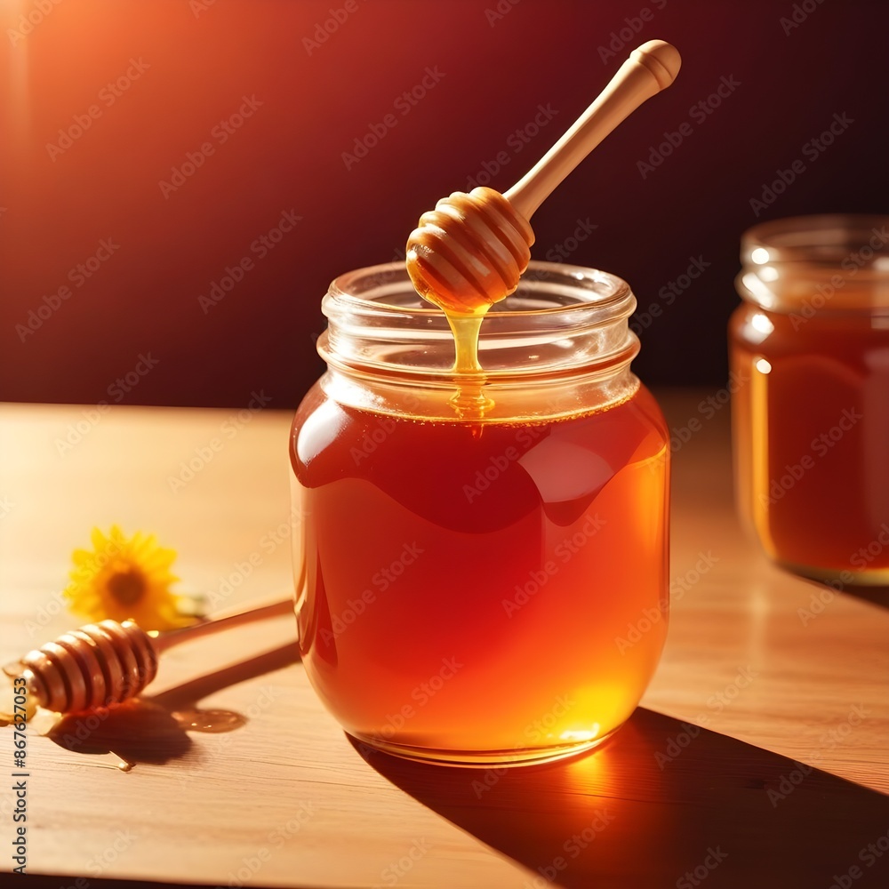 A glass jar filled with golden honey, with a wooden honey dipper inserted into the jar A glass jar filled with golden honey, with a wooden honey dipper inserted into the jar
