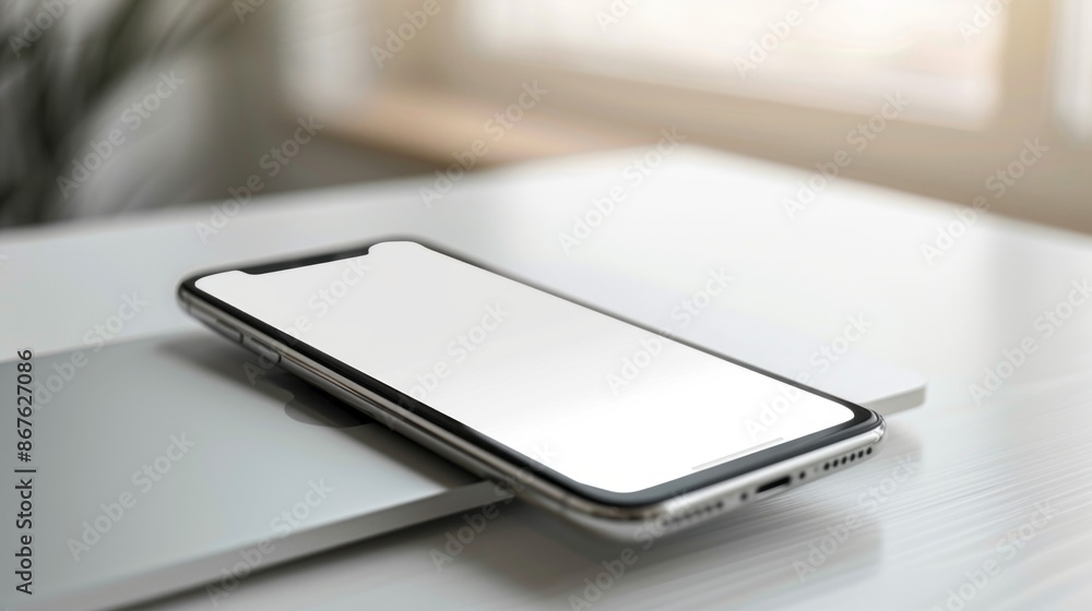 A sleek modern smartphone lies on a laptop, its blank white screen inviting creativity and possibilities A sleek modern smartphone lies on a laptop, its blank white screen inviting creativity and possibilities