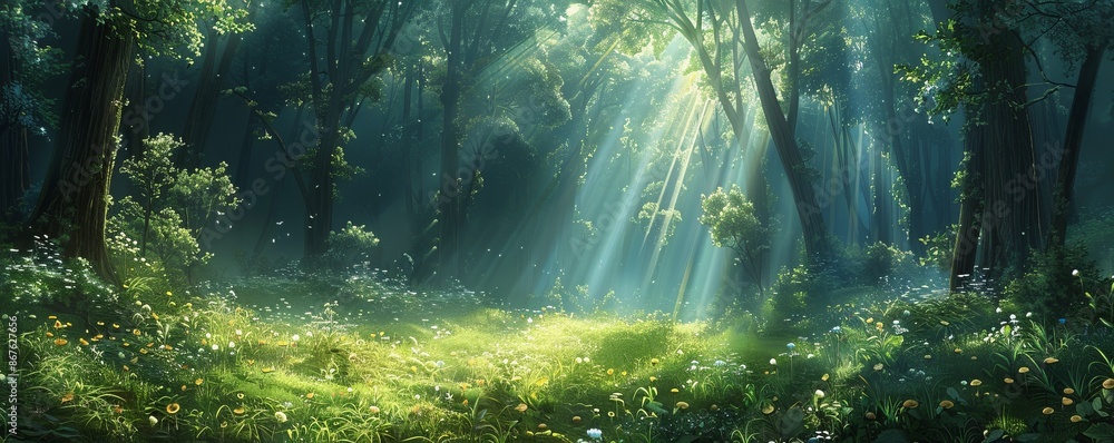 Obraz premium A serene forest glade with shafts of sunlight filtering through the canopy.