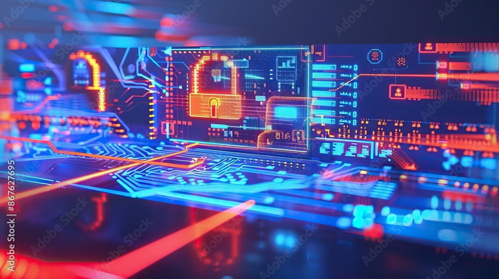 Futuristic digital security interface with glowing locks and data streams in vibrant blue and red light, representing cybersecurity and technology. Futuristic digital security interface with glowing locks and data streams in vibrant blue and red light, representing cybersecurity and technology.