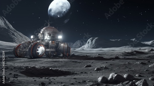 Rovers exploring the moonlit extraterrestrial landscapes.