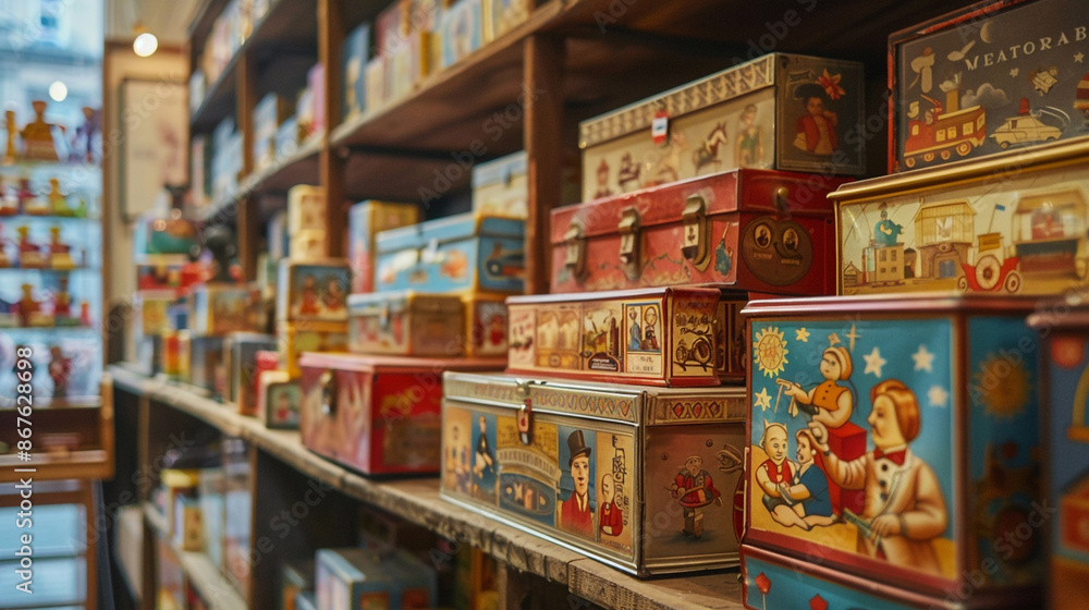 Obraz premium A vintage toy store with tin wind-up toys and wooden blocks. Concept of timeless play things for children