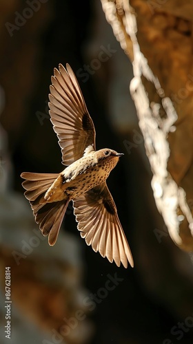 The bird ascends against the rugged backdrop, its movements swift and agile.