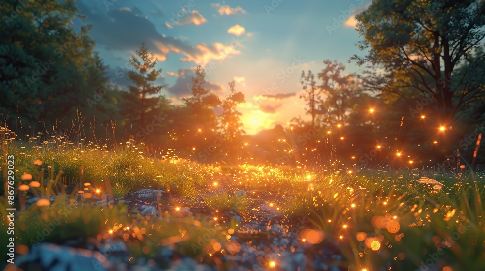 Naklejka premium Magical sunset landscape with glowing fireflies in a meadow, capturing the serene beauty of nature in twilight.