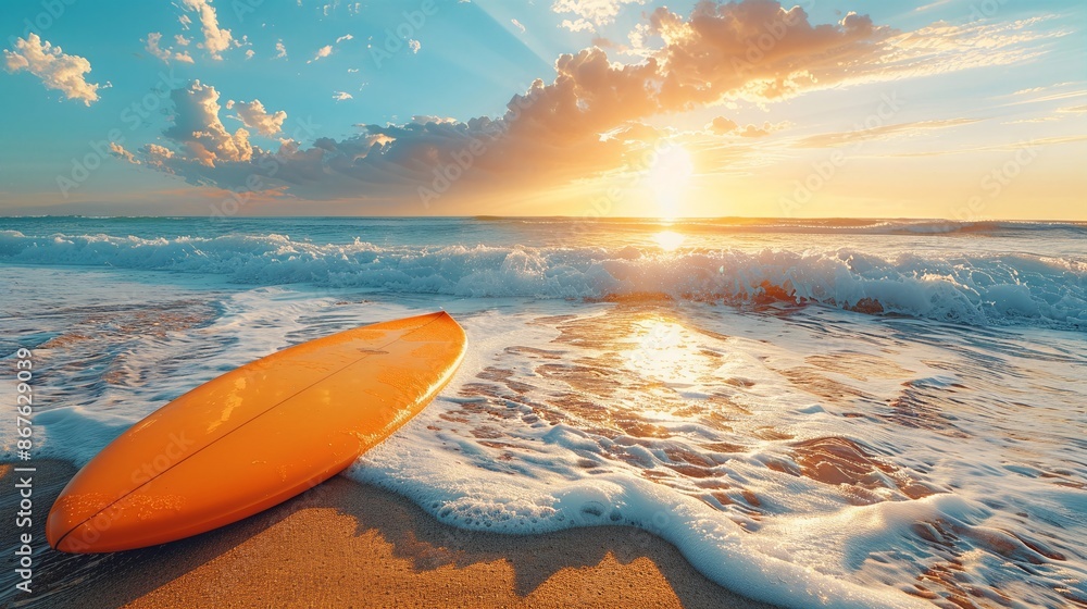 A vibrant orange surfboard rests on a sandy beach under a stunning sunset, with gentle waves crashing in the background. A vibrant orange surfboard rests on a sandy beach under a stunning sunset, with gentle waves crashing in the background.