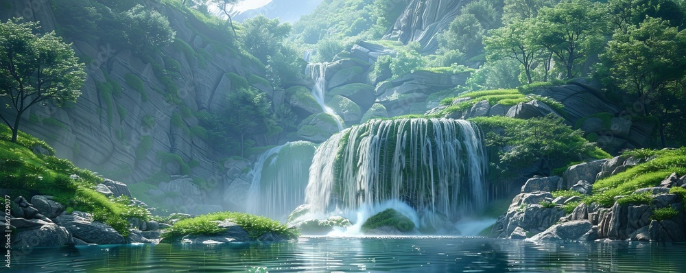A tranquil waterfall cascading down a lush green mountainside, its crystal-clear water misting in the air, creating a refreshing atmosphere. A tranquil waterfall cascading down a lush green mountainside, its crystal-clear water misting in the air, creating a refreshing atmosphere.