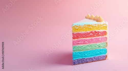 Slice of rainbow layered cake on pink background