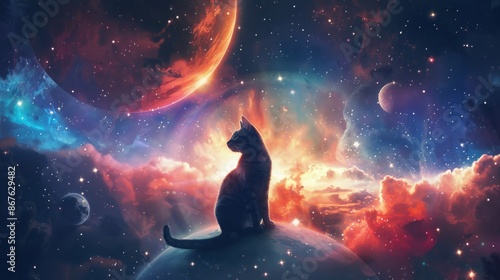Fototapeta Naklejka Na Ścianę i Meble -  Whimsical cat astronaut floating in outer space with stars and planets in the background, perfect for sci-fi and fantasy-themed artwork and children's storybooks