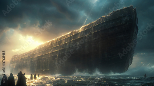 Noah's Ark amidst the pouring rain during the flood.
