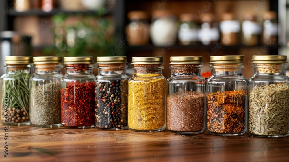 Assorted spices in glass jars, copy space, flavorful cooking ingredients