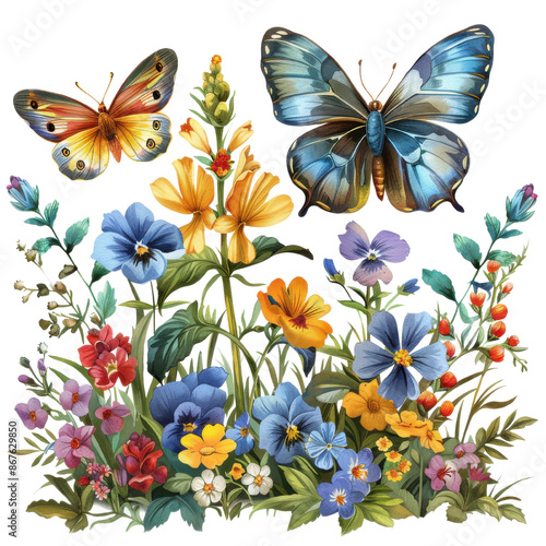 Colorful butterflies hovering over vibrant wildflowers