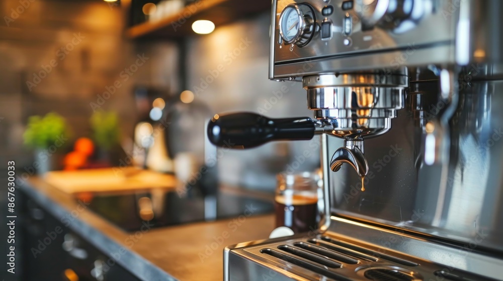 High-end espresso machine in a modern kitchen, copy space, gourmet coffee preparation High-end espresso machine in a modern kitchen, copy space, gourmet coffee preparation