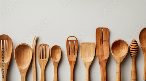 Eco-friendly bamboo kitchen utensils, copy space, sustainable kitchen tools