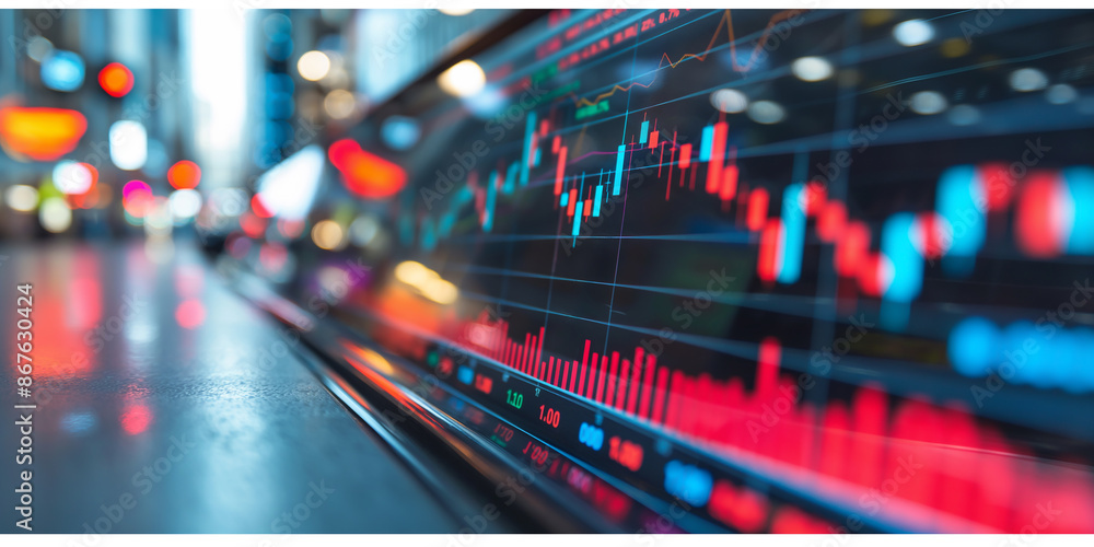 Urban Financial Market Analysis: Illuminated Stock Charts Reflecting Market Trends Amidst Cityscape Lights Urban Financial Market Analysis: Illuminated Stock Charts Reflecting Market Trends Amidst Cityscape Lights