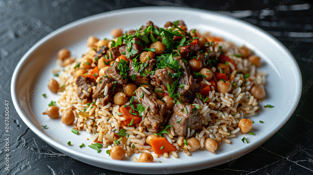 Savory lamb and chickpea curry with rice and fresh parsley garnish - a delightful dish Savory lamb and chickpea curry with rice and fresh parsley garnish - a delightful dish