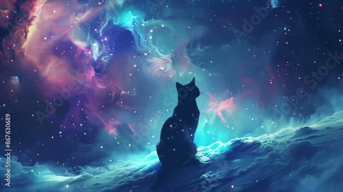 Fototapeta Naklejka Na Ścianę i Meble -  Whimsical cat astronaut floating in outer space with stars and planets in the background, perfect for sci-fi and fantasy-themed artwork and children's storybooks