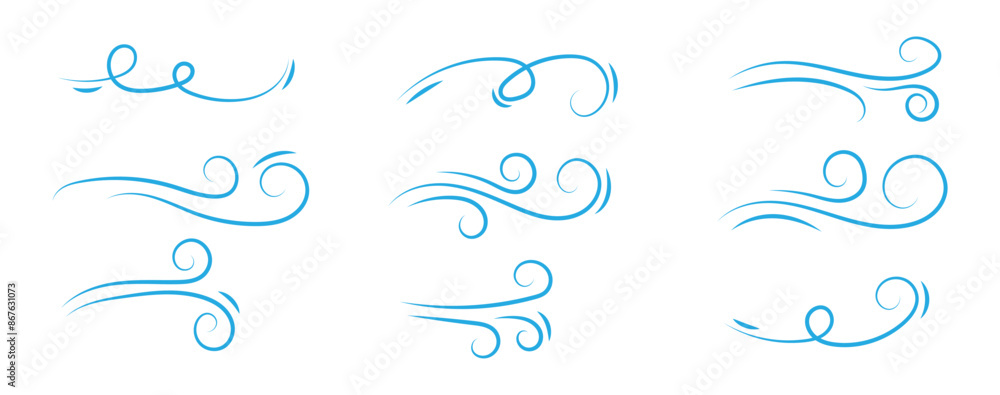 Doodle air wind motions, windy storm blows and hurricane flow waves and curls, vector icons. Wind cartoon effects in doodle line art, autumn wind blowing in speed motion. Doodle air wind motions, windy storm blows and hurricane flow waves and curls, vector icons. Wind cartoon effects in doodle line art, autumn wind blowing in speed motion.