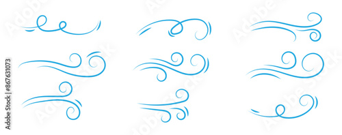 Doodle air wind motions, windy storm blows and hurricane flow waves and curls, vector icons. Wind cartoon effects in doodle line art, autumn wind blowing in speed motion.