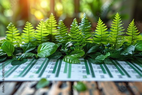 Eco-Investing Trends with Green Foliage Clipart of a financial report adorned with green foliage, highlighting the benefits of sustainable finance practices and the drive towards eco-friendly photo