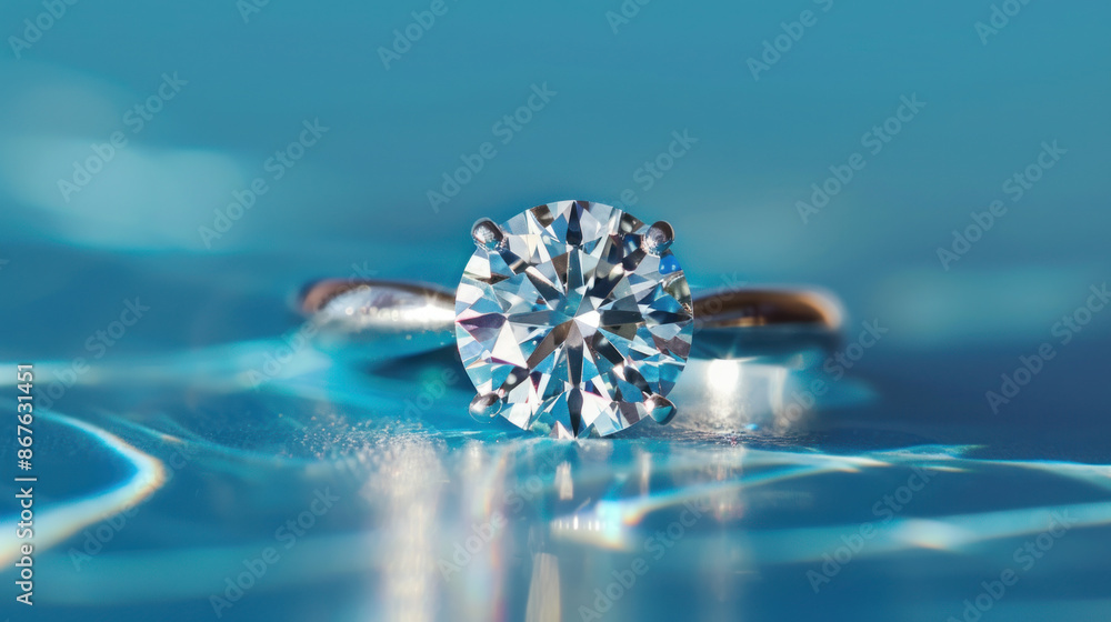 A sparkling round diamond sits in a ring against a vivid blue backdrop. A sparkling round diamond sits in a ring against a vivid blue backdrop.