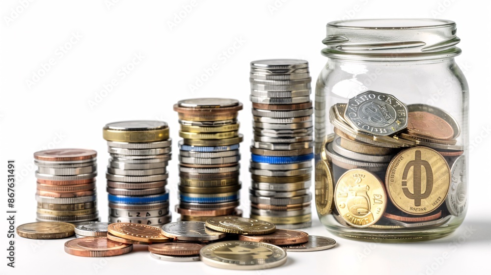 Highly detailed closeup of ascending stacks of Euro coins with a clear glass jar of money beside them, isolated on a white background and captured using focus stacking Highly detailed closeup of ascending stacks of Euro coins with a clear glass jar of money beside them, isolated on a white background and captured using focus stacking