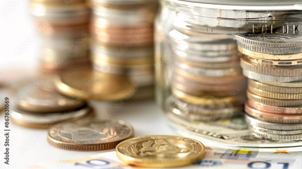 Detailed closeup of multiple stacks of Euro coins with a clear glass jar of money beside them, isolated on a white background, utilizing focus stacking for clarity Detailed closeup of multiple stacks of Euro coins with a clear glass jar of money beside them, isolated on a white background, utilizing focus stacking for clarity