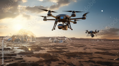 Futuristic drones exploring the Martian terrain and space environments. © Shades3d