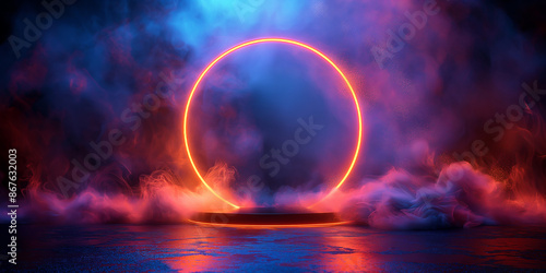 Abstract Neon Circle Illuminated by Vibrant Colors and Surrounded by Mystical Smoke in a Dark Atmosphere © SongMin