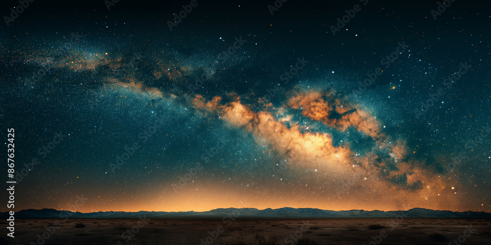 Naklejka premium Stunning Milky Way Over Desert Horizon at Night with Starry Sky