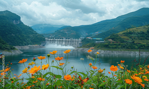 Hydro power plant, beautiful scenery summer time cinematic perfect photo