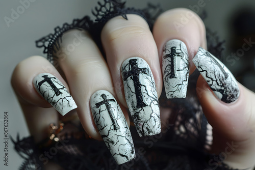 Gothic-inspired nail art with cross symbol