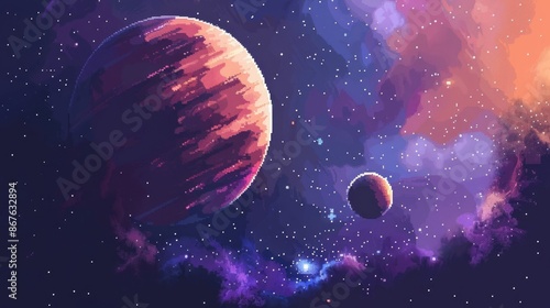 Pixel art style planets and nebula background, space exploration concept