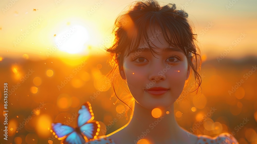 Golden Hour Portrait of Young Woman in Nature with Blue Butterfly, Sunlight Glow and Bokeh Effect Creating Magical Atmospheresunset Golden Hour Portrait of Young Woman in Nature with Blue Butterfly, Sunlight Glow and Bokeh Effect Creating Magical Atmospheresunset