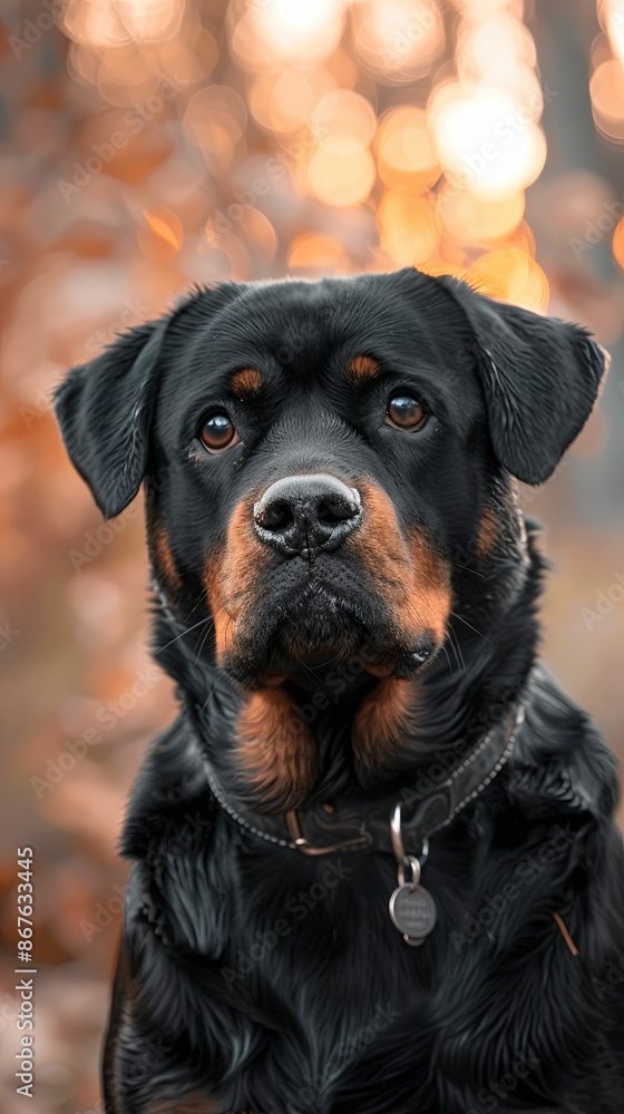 Regal Rottweiler Dog Against Blurred Autumn Backdrop Regal Rottweiler Dog Against Blurred Autumn Backdrop