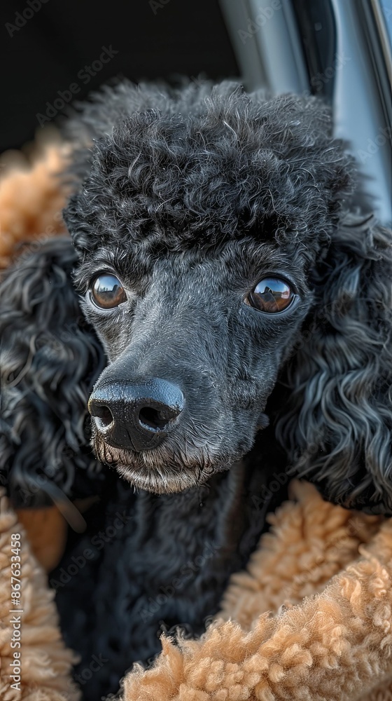 Detailed profile shot of a gray Poodle, showcasing its curly fur and deep, expressive eyes. Detailed profile shot of a gray Poodle, showcasing its curly fur and deep, expressive eyes.