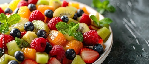 Fresh fruit salad with blueberries, raspberries, kiwi, orange and strawberries